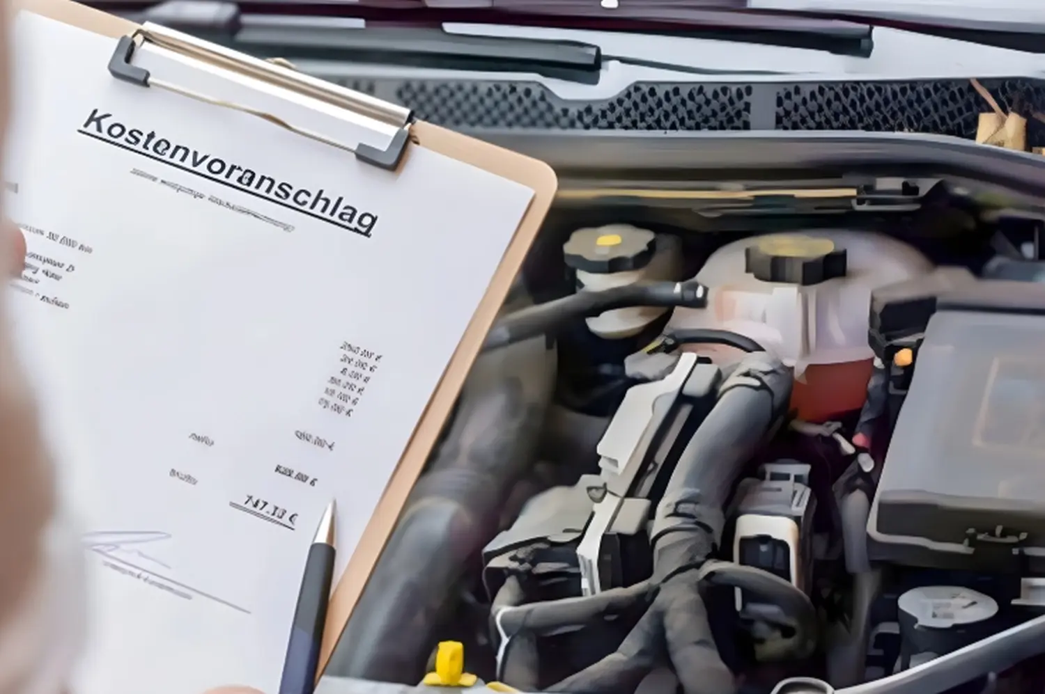 Daoud – KFZ-Sachverständigenbüro – ein Kostenvoranschlag für eine Autoreparatur (Kostenvoranschlag), im Hintergrund ist eine geöffnete Motorhaube zu sehen.
