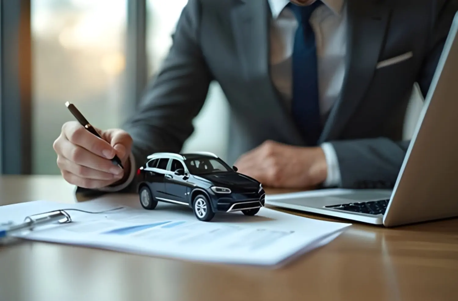 Daoud – KFZ-Sachverständigenbüro – Nahaufnahme eines Geschäftsangestellten, der Fahrzeugpapiere prüft und ein kleines Modellauto begutachtet.