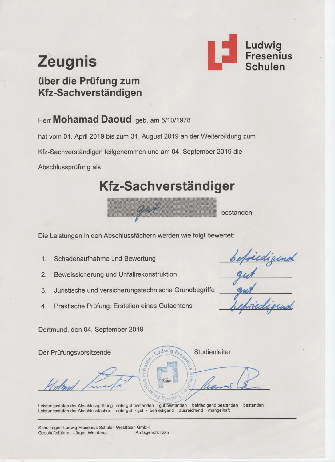 Daoud - KFZ-Sachverständigenbüro - Zertifikat