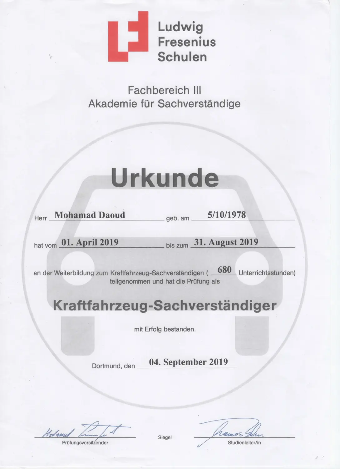 Daoud - KFZ-Sachverständigenbüro - Zertifikat