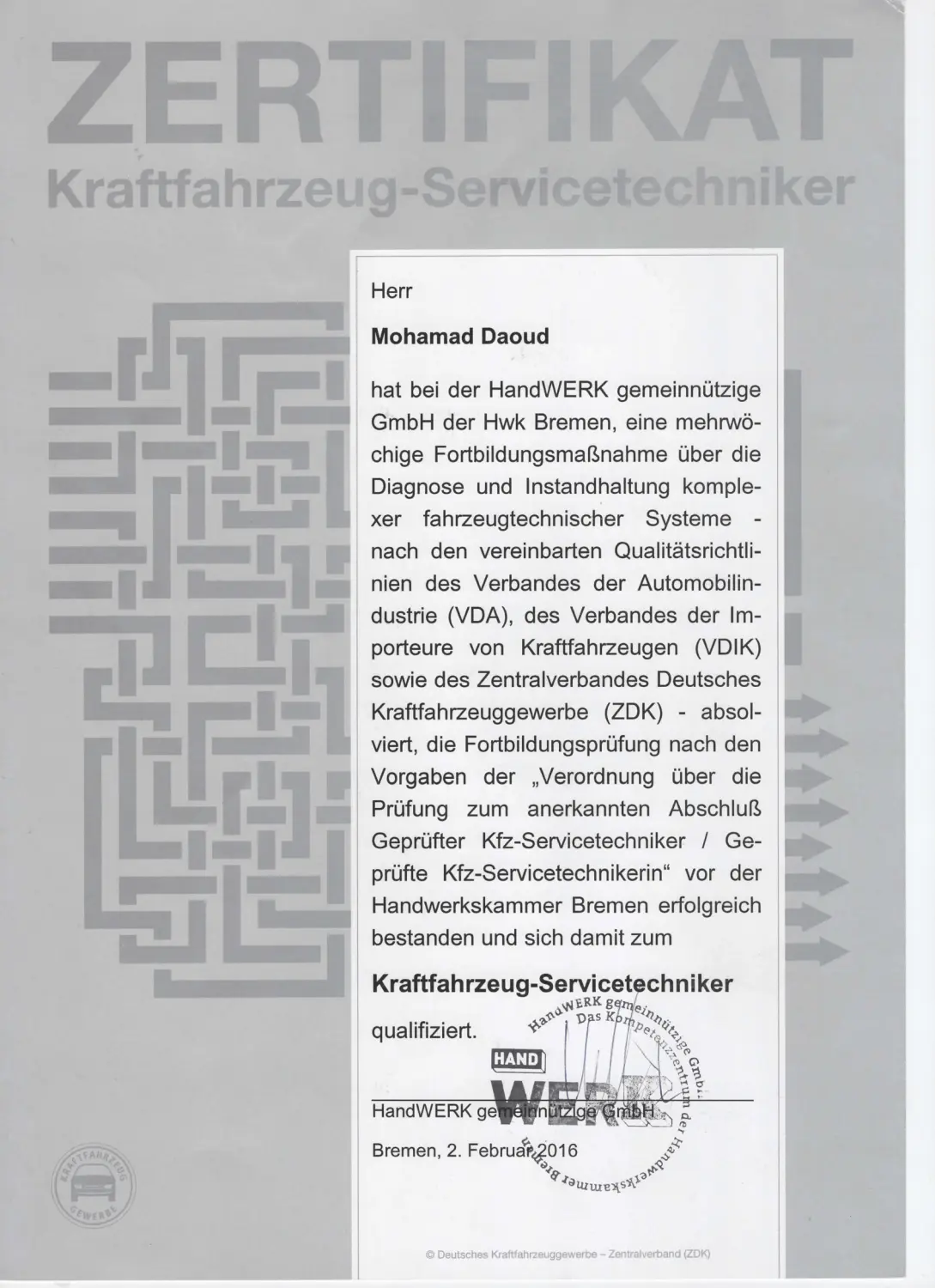 Daoud - KFZ-Sachverständigenbüro - Zertifikat