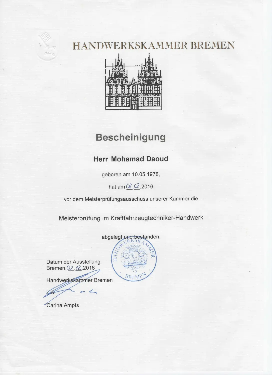 Daoud - KFZ-Sachverständigenbüro - Zertifikat